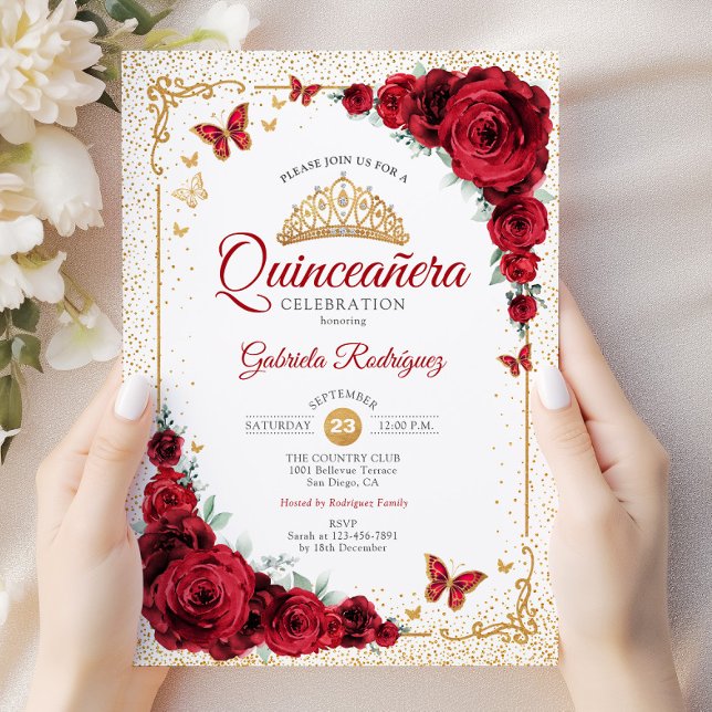  Elegant Quinceanera Red Roses Gold White Invitation (Creator Uploaded)