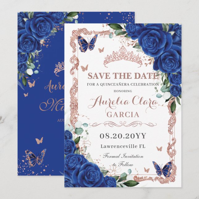 Elegant Quinceañera Royal Blue Floral Rose Gold Save The Date (Front/Back)