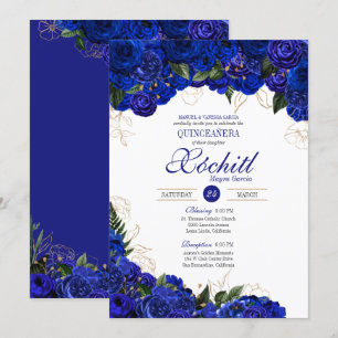 Elegant Quinceanera - Royal Blue Gold Roses Floral Invitation