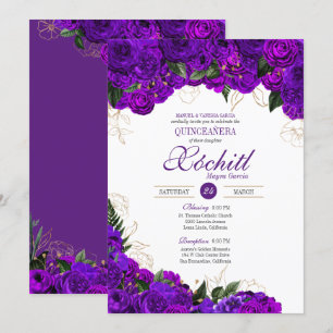Elegant Quinceanera Royal Purple Gold Rose Floral Invitation