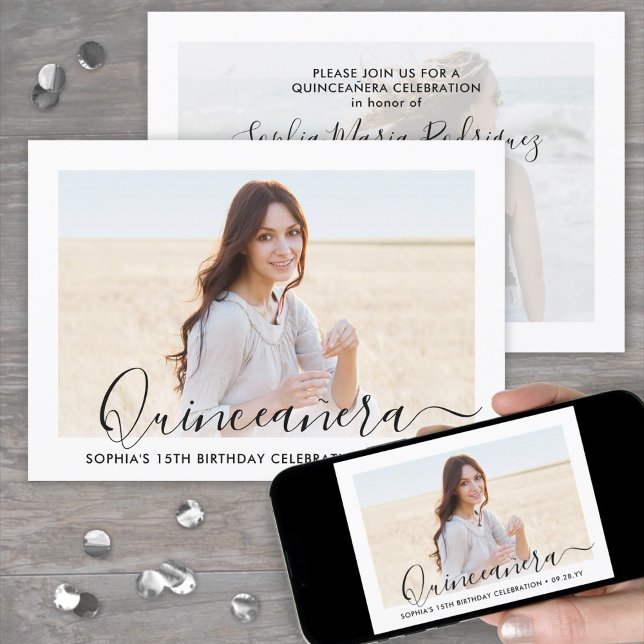 Elegant Quinceañera Script 2 Photo 15th Birthday Invitation (Creator Uploaded)
