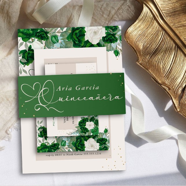 Elegant Quinceanera Script Emerald Green Invitation Belly Band (Quinceanera Belly Bands from the Royal Rose Emerald Green Quinceanera Collection by Darling & May)