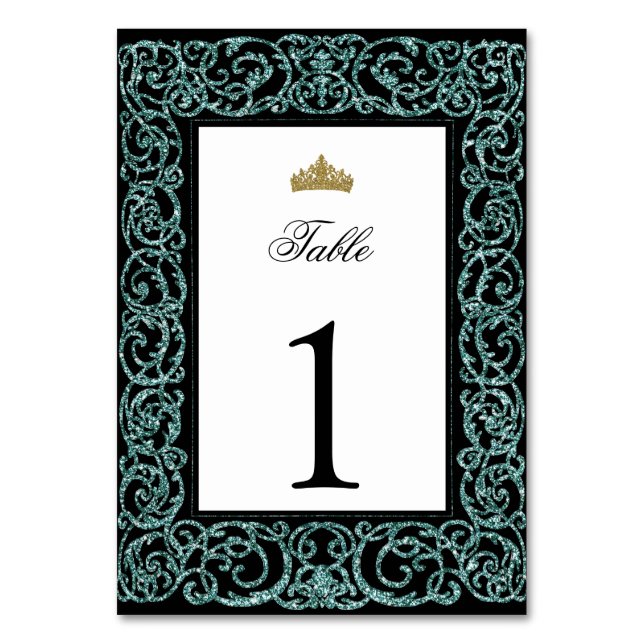Elegant Quinceanera Table Number Teal Scrollwork (Front)