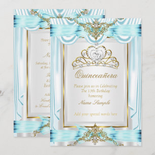 Elegant Quinceanera Teal Blue Gold Silver White Invitation
