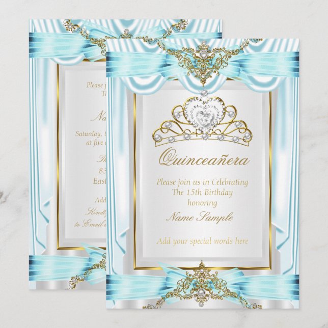 Elegant Quinceanera Teal Blue Gold Silver White Invitation (Front/Back)