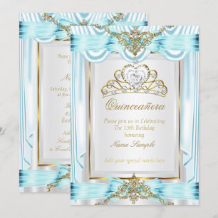 Elegant Quinceanera Teal Blue Gold Silver White Invitation