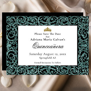 Elegant Quinceanera Teal Scrollwork Save The Date