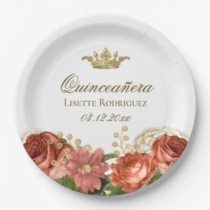 Elegant Quinceanera Tiara Floral Paper Plate