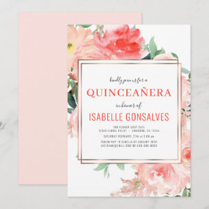 Elegant QUINCEAÑERA Watercolor Peach Coral Floral Invitation