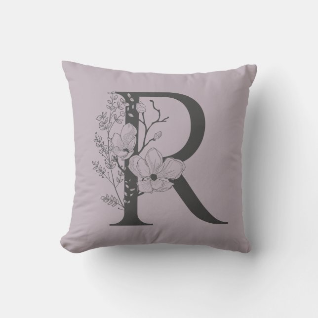 Elegant R Boho Floral Monogram Initial Lilac Grey Cushion (Front)