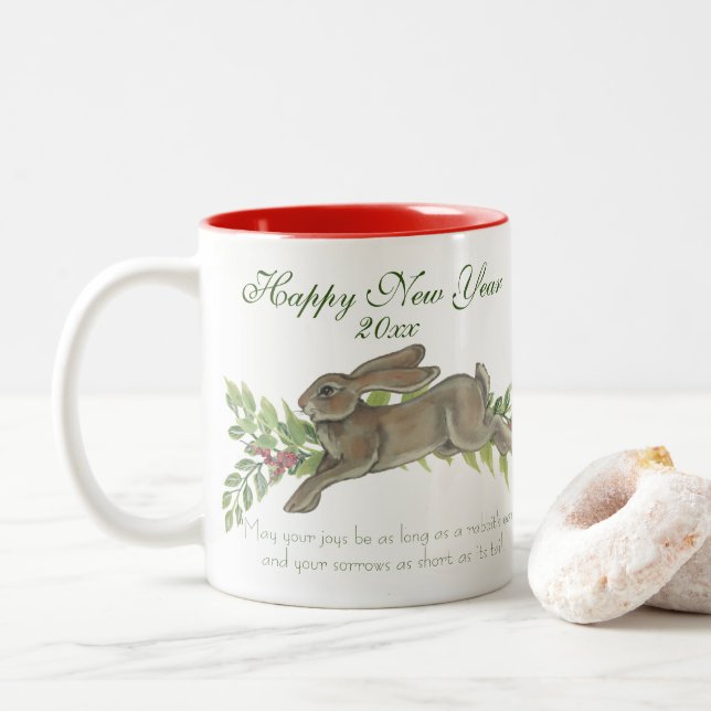 Elegant Rabbit Bunny Green Red New Year Wish, Date Two-Tone Coffee Mug (With Donut)