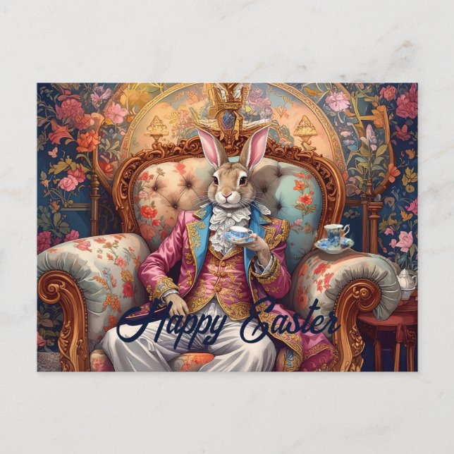Elegant rabbit Drinking Tea Happy Easter Holiday Postcard (Front)
