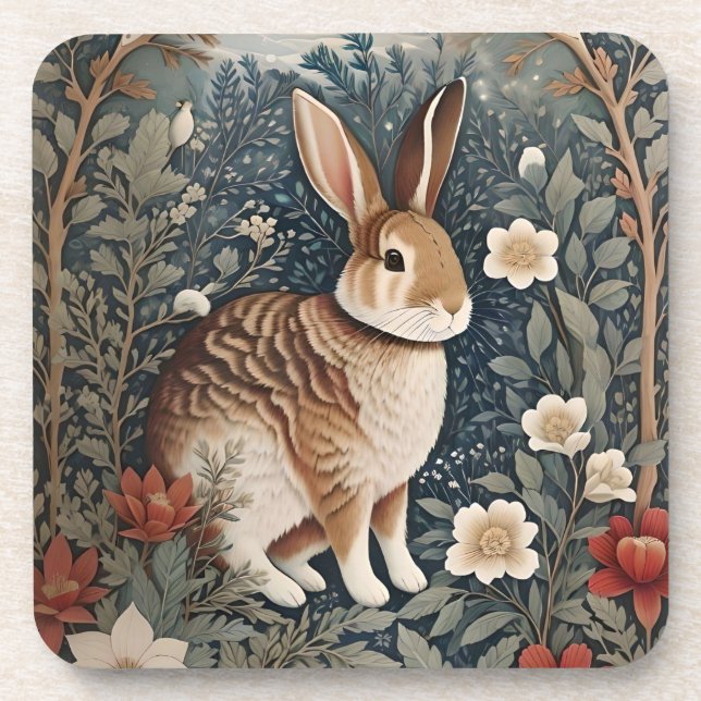 Elegant Rabbit Framed By Flowers and Leaves Coaster (Front)