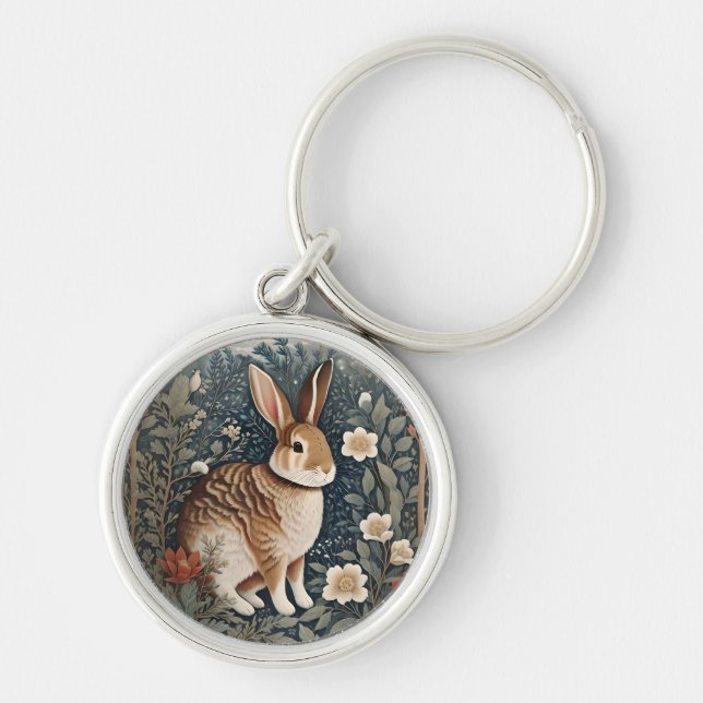 Elegant Rabbit Framed By Flowers and Leaves Key Ring (Front)