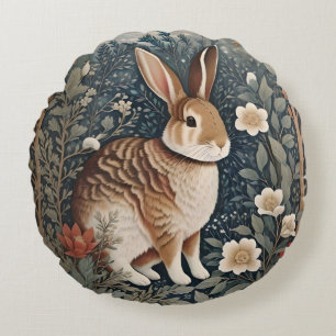 Elegant Rabbit Framed By Flowers and Leaves Round Cushion