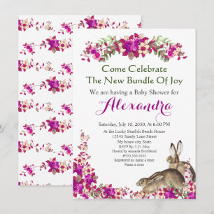 Elegant Rabbit Pink Floral Baby Shower invitation