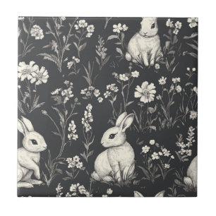 Elegant Rabbit Toile Floral Vintage Pattern Tile