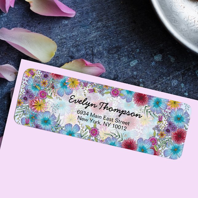 Elegant Radiant Blue Pink Flowers Return Address (Creator Uploaded)