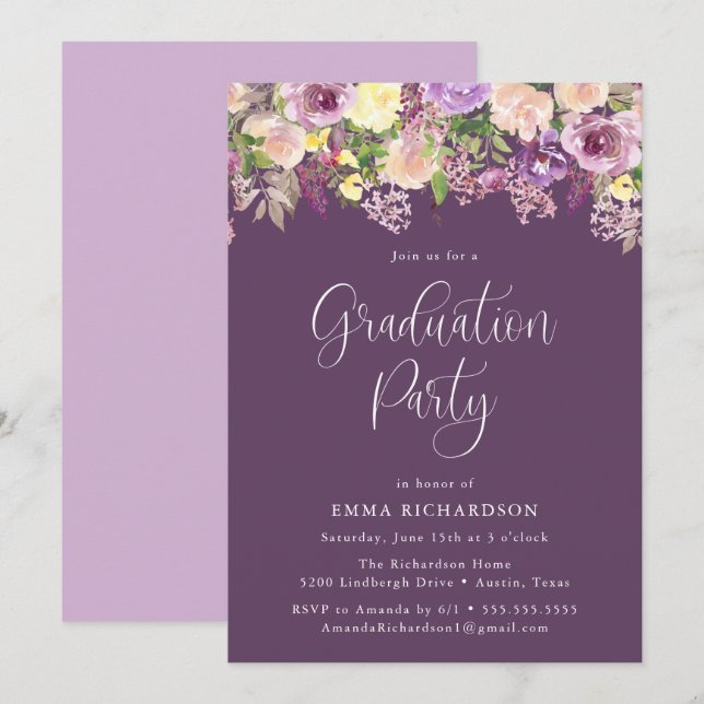 Elegant Radiant Purple Floral Graduation Party Invitation (Front/Back)