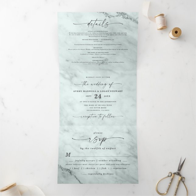 Elegant Rain Dusty Green Metallic Marble Wedding Tri-Fold Invitation (Inside)