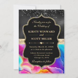Elegant Rainbow Agate Black Glitter Wedding Invitation