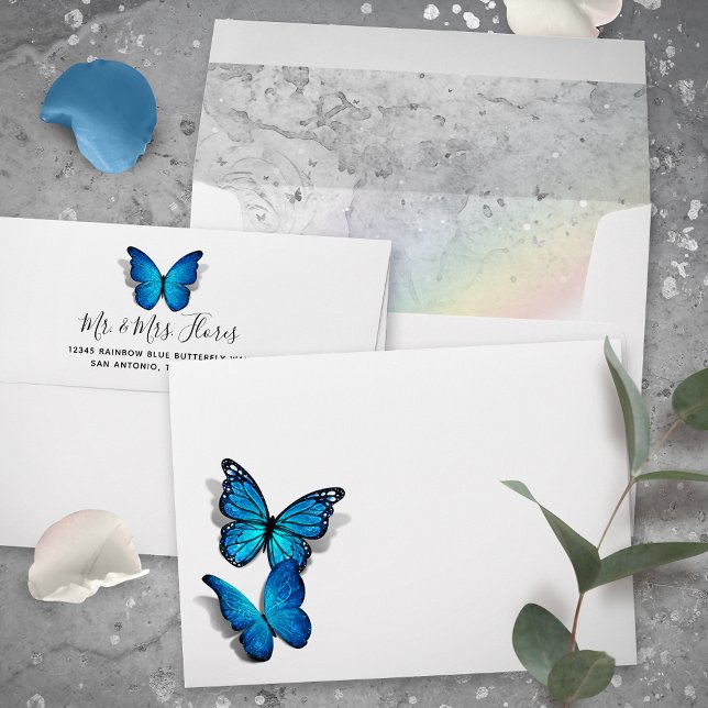 Elegant Rainbow and Blue Butterfly Wedding Envelope (Blue butterfly envelopes with an elegant rainbow liner, personalized with your return address!)