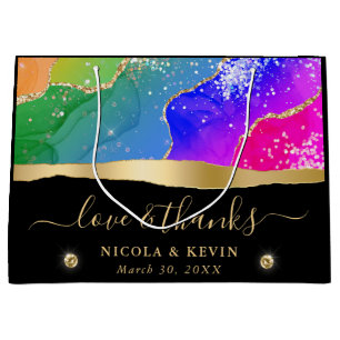 Elegant Rainbow and Gold Glitter Agate Wedding Large Gift Bag