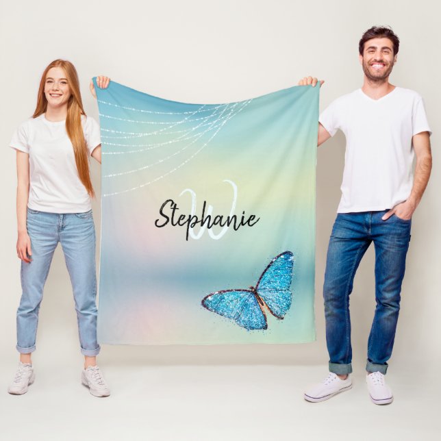 Elegant Rainbow Blue Butterfly Glitter Monogram Fleece Blanket (In Situ)