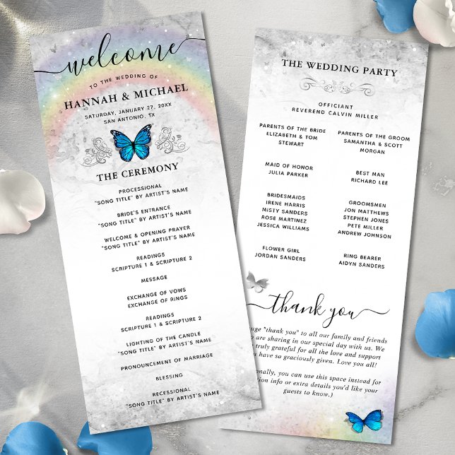 Elegant Rainbow Blue Butterfly Wedding Programs Invitation (Elegant rainbow blue butterfly wedding programs for your big day!)