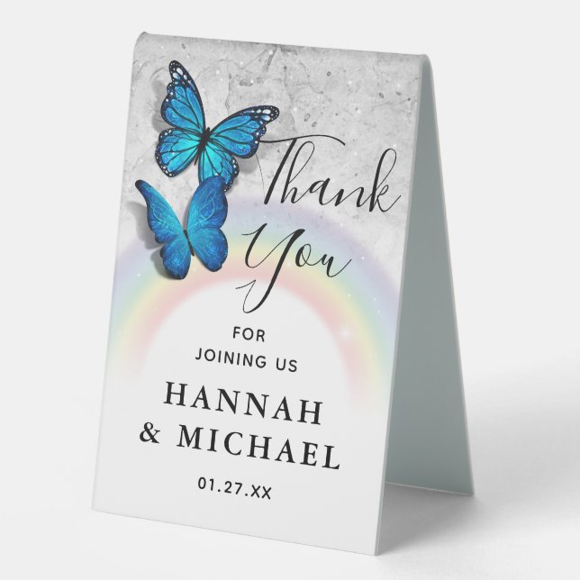 Elegant Rainbow Blue Butterfly Wedding Thank You (Front)