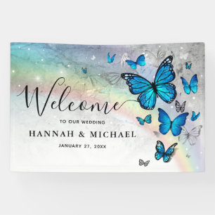Elegant Rainbow Blue Butterfly Wedding Welcome Banner