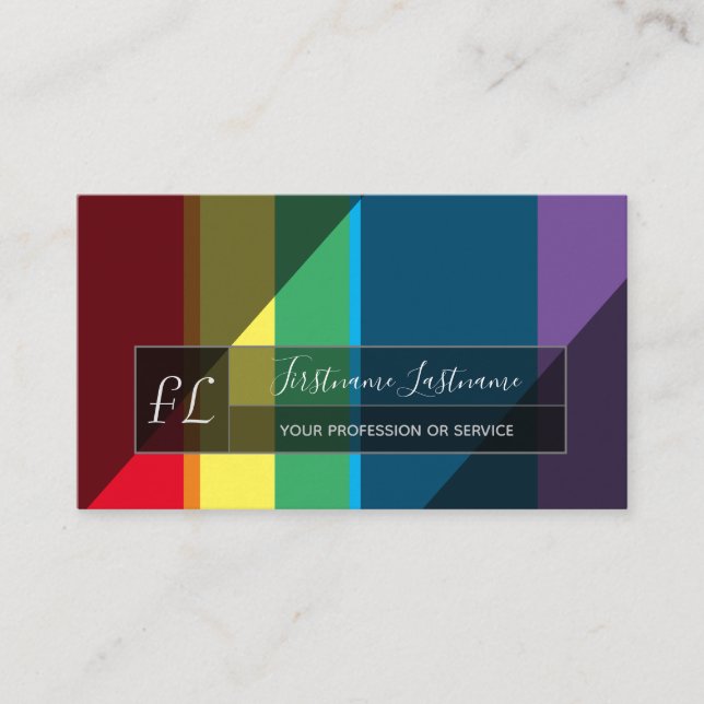 Elegant rainbow colour stripes triangle monogram business card (Front)