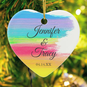 Elegant Rainbow Custom LGBT Couple Photo Christmas Ceramic Tree Decoration