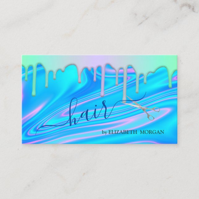 Elegant Rainbow Drips Scissors Holographic Hair Business Card (Front)