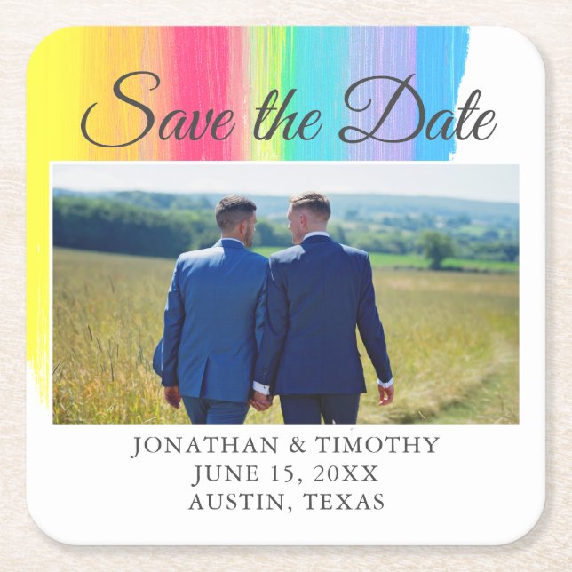 Elegant Rainbow Engagement Photo Save The Date Square Paper Coaster (Front)