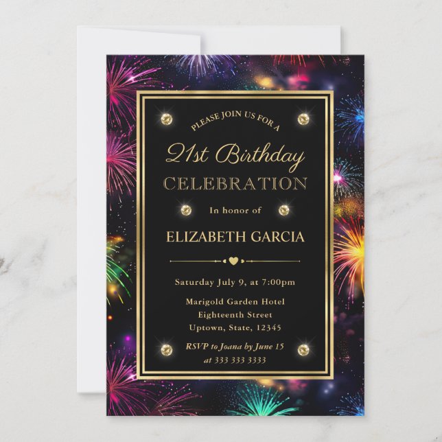 Elegant Rainbow Fireworks Frame 21st Birthday Invitation (Front)