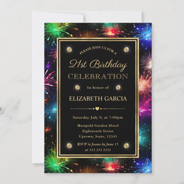 Elegant Rainbow Fireworks Frame 21st Birthday Invitation (Front)