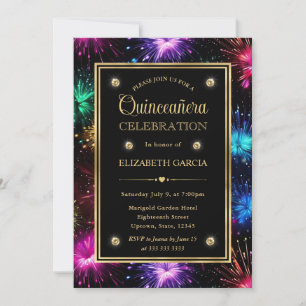 Elegant Rainbow Fireworks Frame Quinceanera Invitation