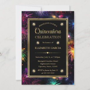 Elegant Rainbow Fireworks Frame Quinceanera Invitation
