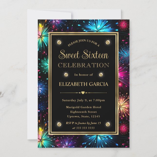 Elegant Rainbow Fireworks Frame Sweet Sixteen Invitation (Front)