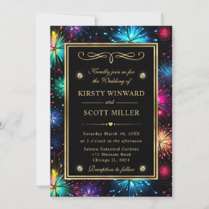 Elegant Rainbow Fireworks Gold Frame Wedding Invitation