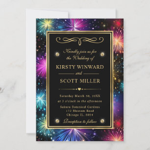 Elegant Rainbow Fireworks Gold Frame Wedding Invitation
