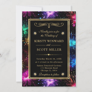 Elegant Rainbow Fireworks Gold Frame Wedding Invitation