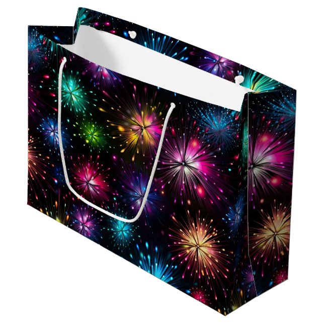 Elegant Rainbow Fireworks on Black Background Large Gift Bag (Front Angled)