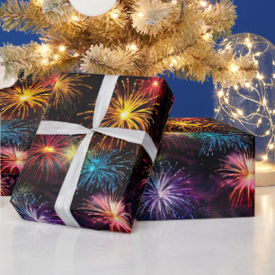 Elegant Rainbow Fireworks on Black Background Wrapping Paper