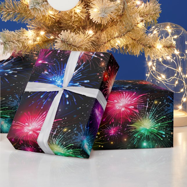 Elegant Rainbow Fireworks on Black Background Wrapping Paper (Holidays)