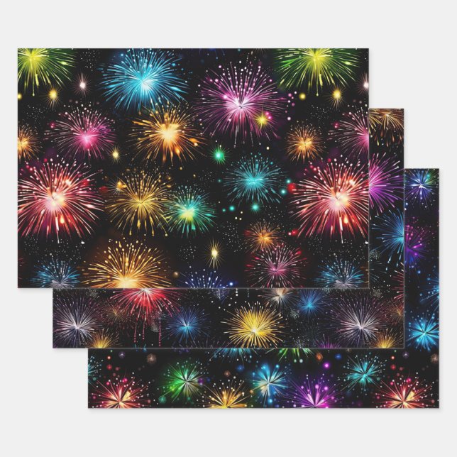 Elegant Rainbow Fireworks on Black Background Wrapping Paper Sheet (Set)