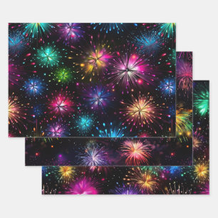 Elegant Rainbow Fireworks on Black Background Wrapping Paper Sheet
