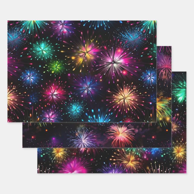 Elegant Rainbow Fireworks on Black Background Wrapping Paper Sheet (Set)