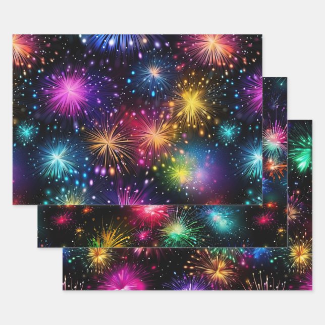Elegant Rainbow Fireworks on Black Background Wrapping Paper Sheet (Set)